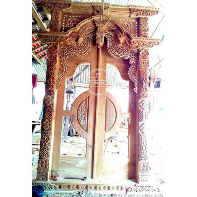 Pintu Gapura Gebyok Jati Ukiran Jepara Aplikasi Dengan Kaca, Pintu Kusen Full Ukir