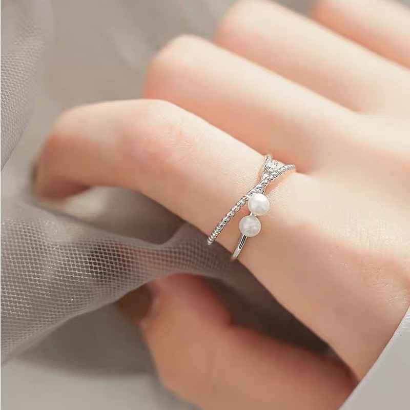 Fashion Cincin Terbuka Silang Ganda Untuk Wanita Korea Berlian Mutiara Jari Telunjuk Rings Aksesoris Perhiasan Permen JEWELRY