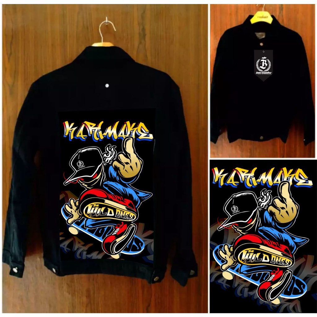 Eta Karimake jaket jeans hitam pekat gambar belakang seketboard merah printing 3 dimensi terbaru