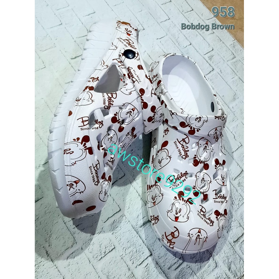 Motif BOBDOG BROWN 958 HEMA Sandal Kodok Karet Anti Slip Empuk Model Printing Kartun Lucu Wanita Pria Anak