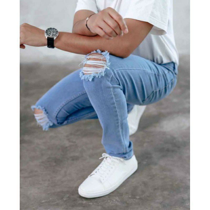 Celana Jeans sobek lutut robek rippet hitam destroy premium-5