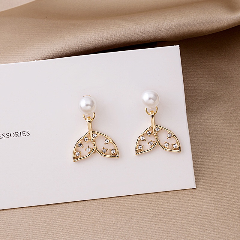 Anting Tusuk Gantung Bahan Sterling silver 925 Desain Ekor Ikan + Mutiara + Berlian Gaya Korea Untuk Wanita