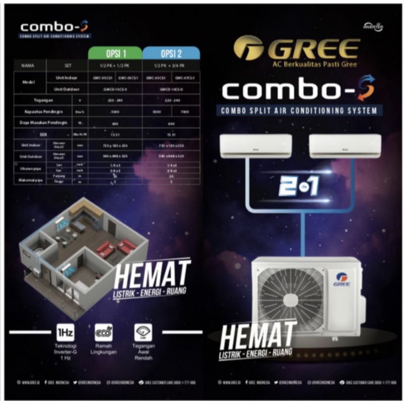 AC Gree Inverter Combo Split 2 in 1 Series (3/4+3/4) PK GWC-0707CS