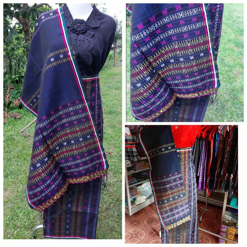 SONGKET PUCCA BINTIK WARNA NAVY CORAK PINK, KUNING DAN PUTIH