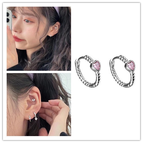 Anting Bentuk Hati Bahan Zirkon Warna pink Gaya punk Untuk Wanita