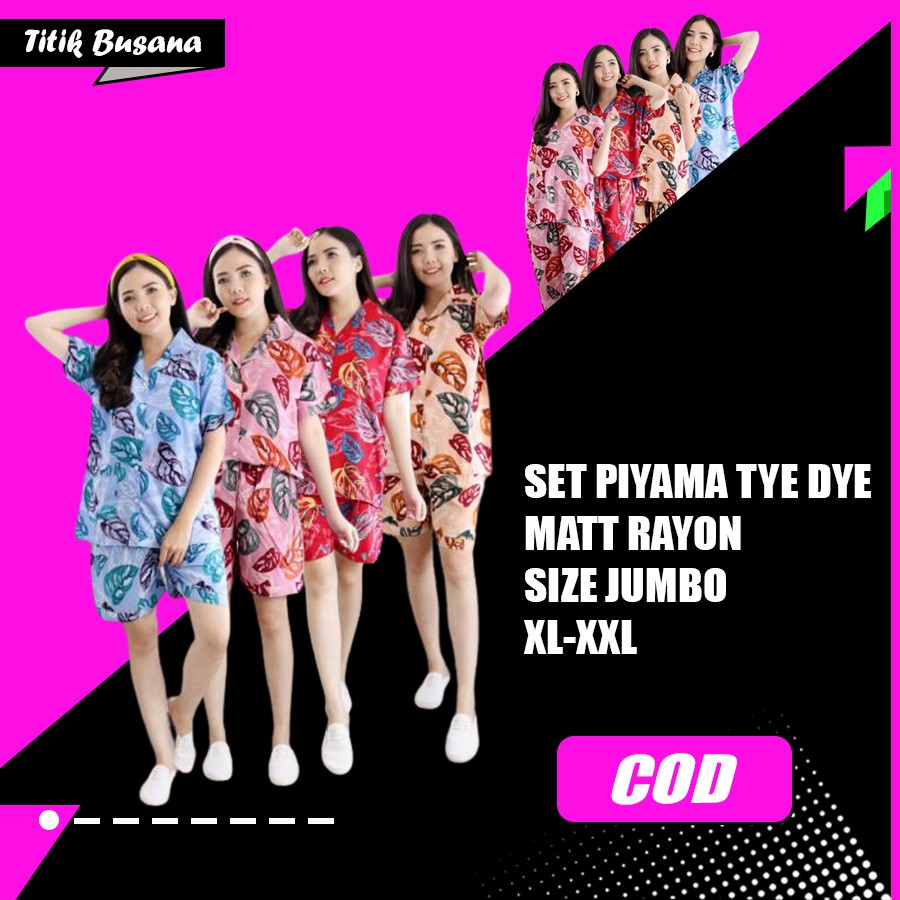 Setelan Piyama Wanita Lengan Pendek Marita Set Tie Dye Jumbo XL XXL Motif Daun Janbol Baju Tidur XXL