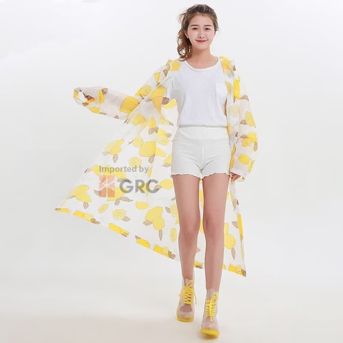 Luluaquatic Jas Hujan Wanita Unisex Terusan Motif Lemon Raincoat Transparan Travelling 862