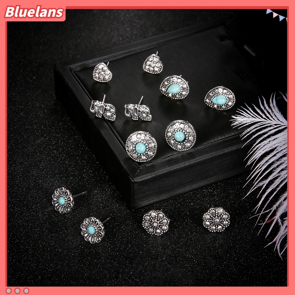 6 Pasang / Set Anting Stud Desain Gajah Hati Turquoise Gaya Boho Untuk Wanita