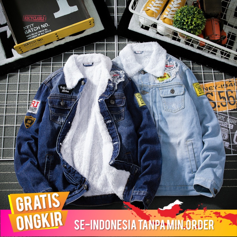 Outerwear Pria 2020    Kulit Domba Pria Jaket Denim Remaja Bulu Empuk Mantel Termal Berlapis Kapas H