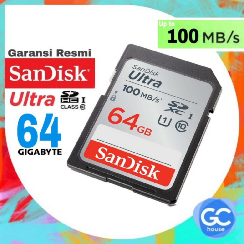 [ 64GB ] SD Card SanDisk Ultra SDHC 100Mb/s class 10 Kartu Memory kamera Canon Nikon DSLR SLR - Ori