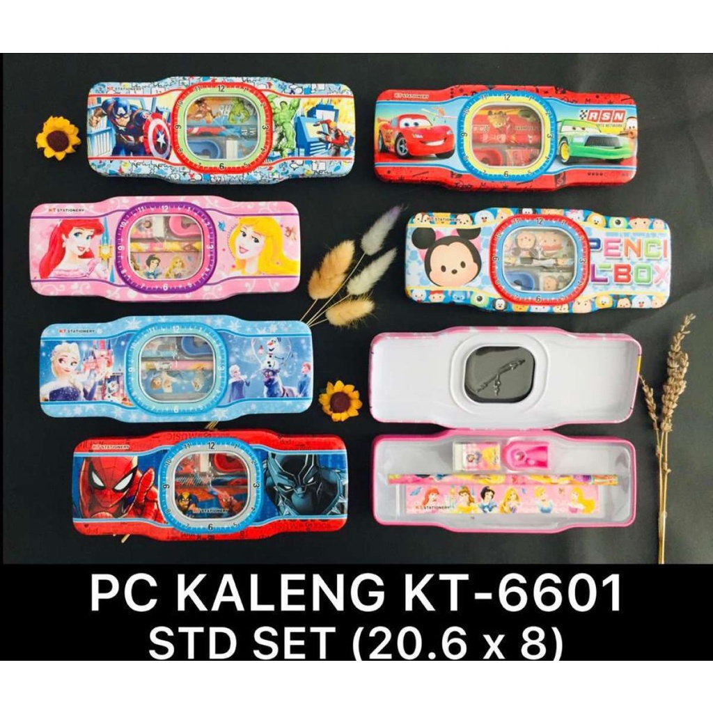

ROYALE STATIONARY - KOTAK PENSIL KALENG BENTUK JAM PLUS ISI KARAKTER KARTUN MURAH