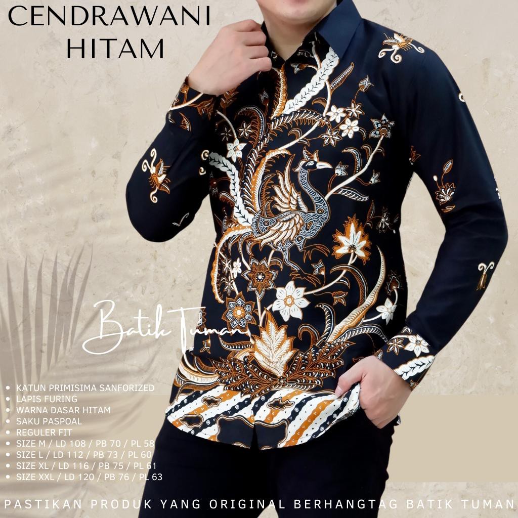 CENDRAWANI HITAM Kemeja Batik Pria Lengan Panjang Katun Halus FULL FURING TUMAN