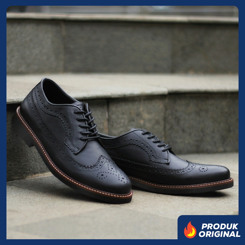 BRITISH SERIES ORIGINAL x KENZIOS Sepatu Kulit Sapi Asli Hitam Pria Formal Pantofel Kerja Kantor Dinas Resmi Guru PNS Kantoran Pesta Undangan Kondangan Nikah Kuliah Casual Wingtip Modern Oxford Genuine Leather Footwear Big Size Jumbo Ukuran Besar 44 Keren