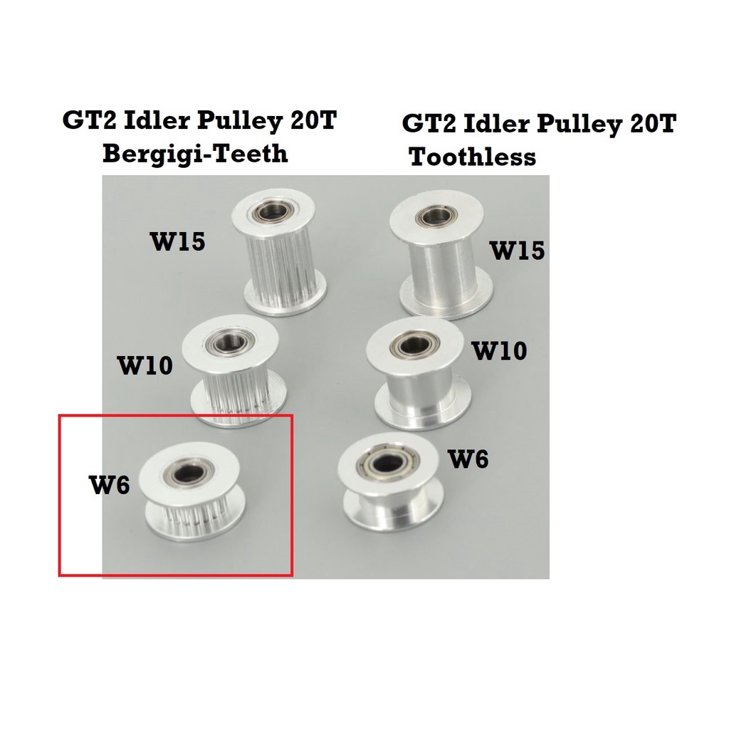 [HAEBOT] GT2 Idler Pulley 20T W6 Bergigi Bore 3 4 5 6mm with Teeth Lebar 6mm W6 Timing Belt Toothed CNC 3D Printer Idle Puley Mini Bearing Tensioner Tension Width Aluminium