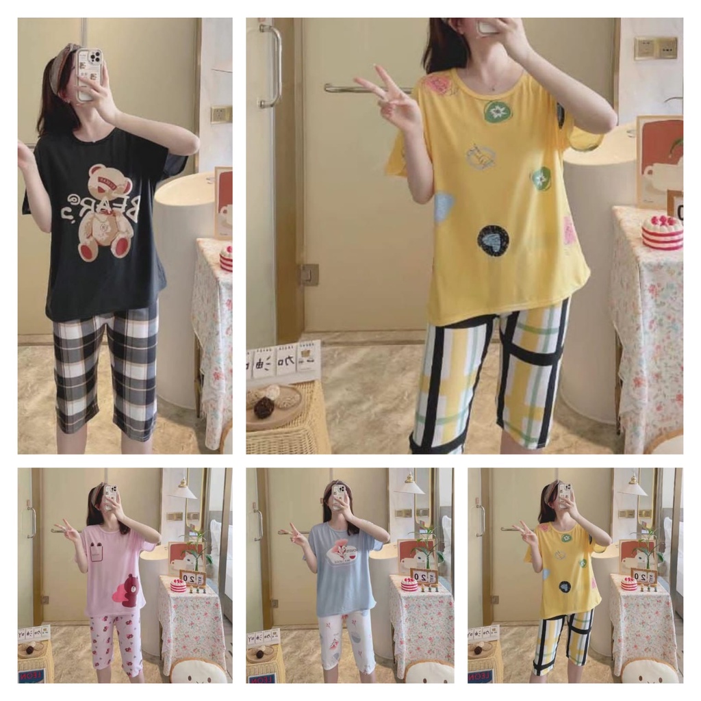 RM025 Setelan 3/4 Import bahan Kaos Grosir Baju Tidur Piyama Wanita Dewasa Terbaru Import