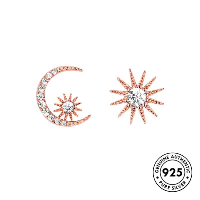 Anting Tusuk Sterling Silver 925 Desain Bintang / Bulan Hias Berlian Imitasi Elegan Untuk Wanita