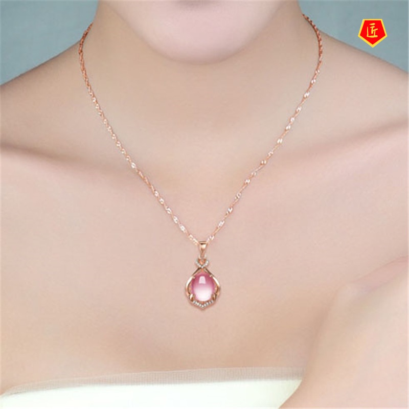 [Ready Stock]Elegant Silver Necklace Female Pink Crystal Pendant for Girlfriend