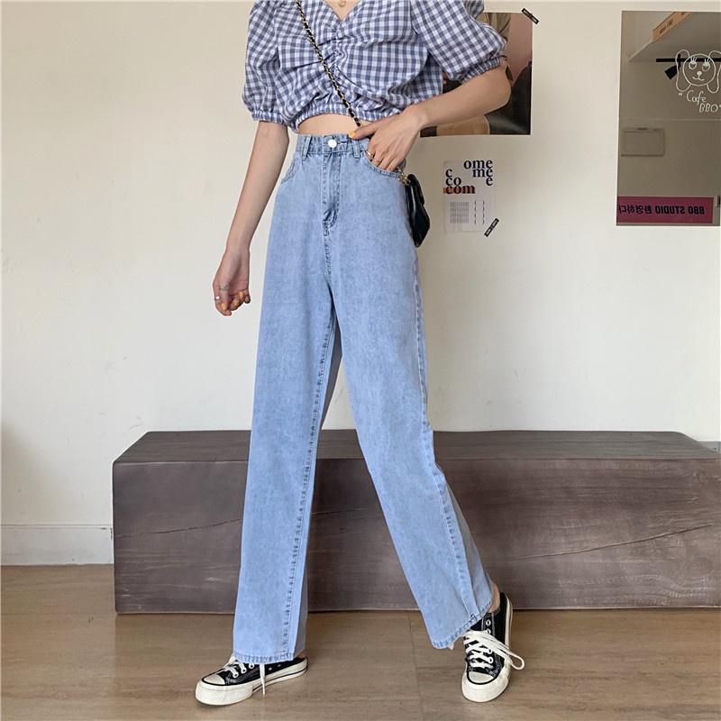 Jeans Wanita Loose High Waist Celana jins Korean Style Straight Pants