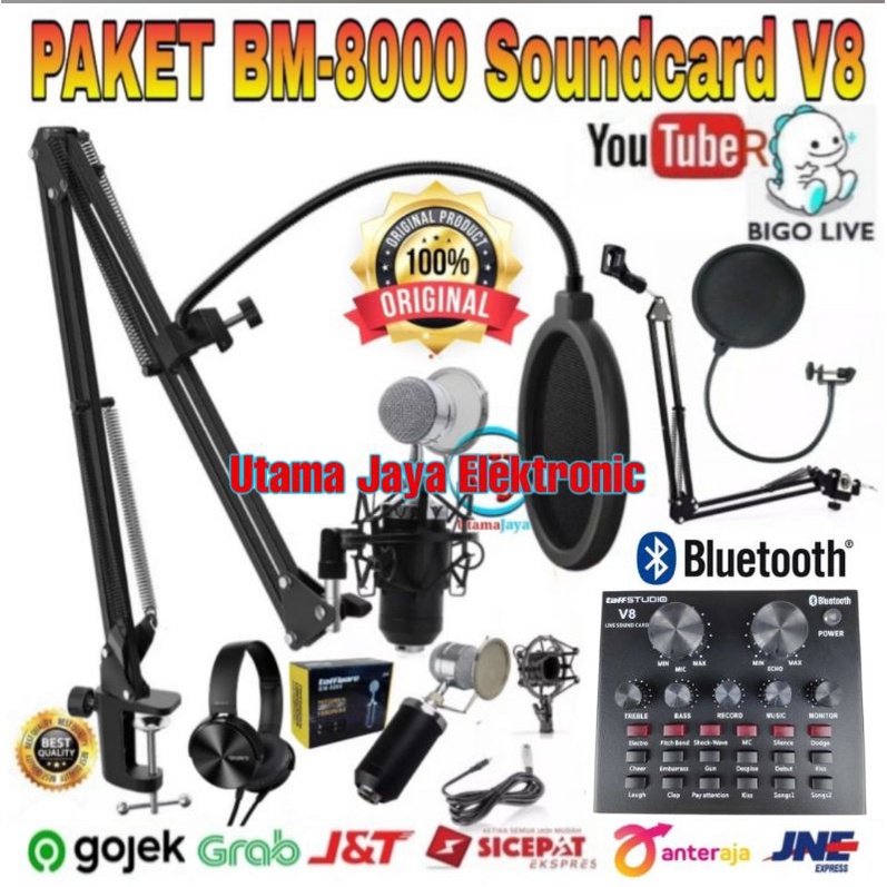 Paket Komplit Mic BM8000 Soundcard Mixer V8 Stand Arm Pop Filter Rekaman Terbaik