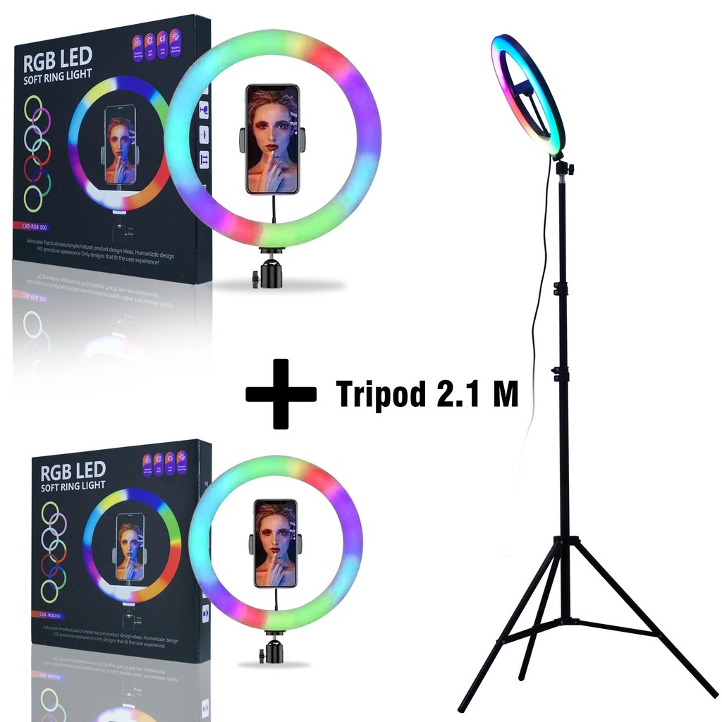 Handphone Holder Stand Selfie Ring Light RGB LED 26 cm - 30 cm Rainbow Lampu Disko + Tripod 2.1 Meter