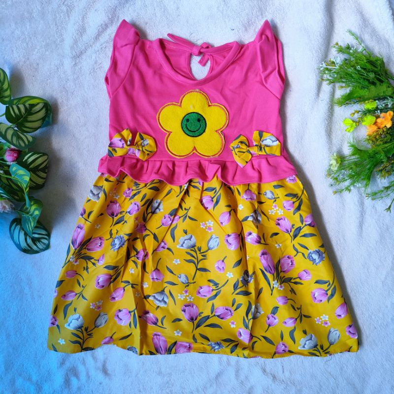 Dress anak cewek 1 2 Tahun perempuan tulip pita kartun smile ( Dress SmileTu)