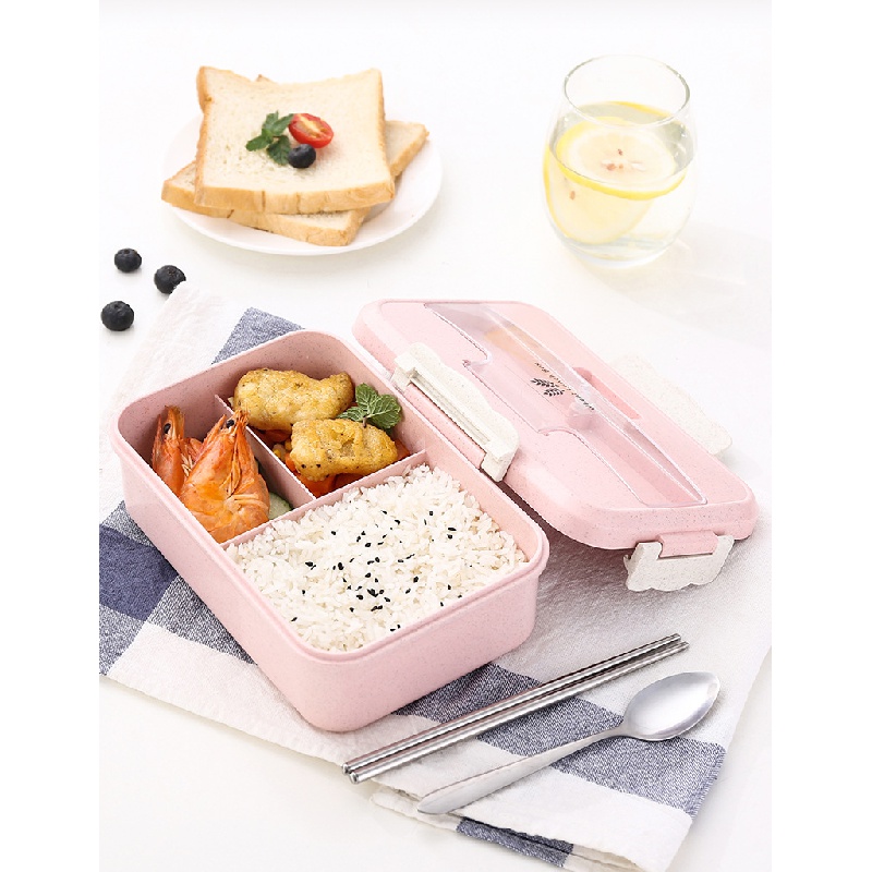 lunch box 3 Warna PP Jerami Gandum 1000 ml Lunch Box With Free Sendok BPA / VS-1