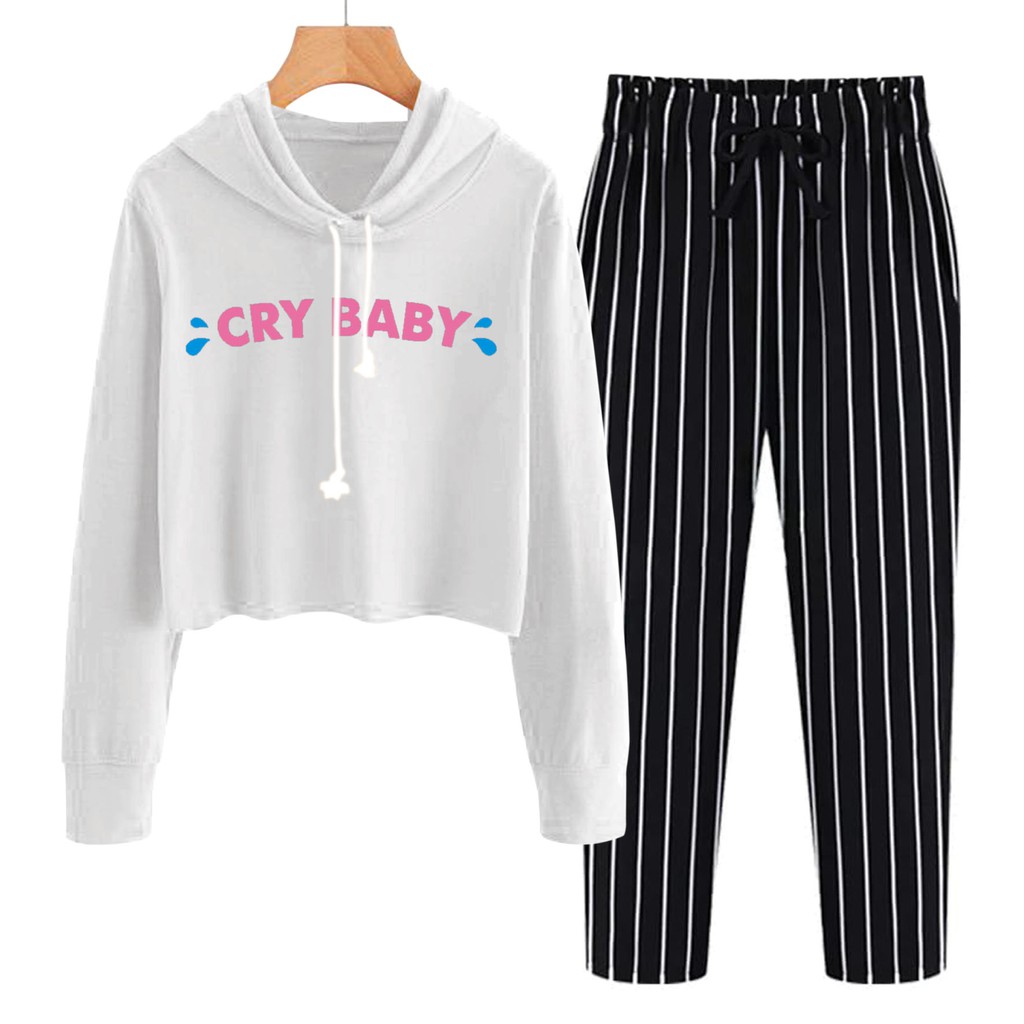 BESS - Baju Setelan Wanita Murah / Setelan Hoodie Crop + Celana Salur Hitam - CRY BABY