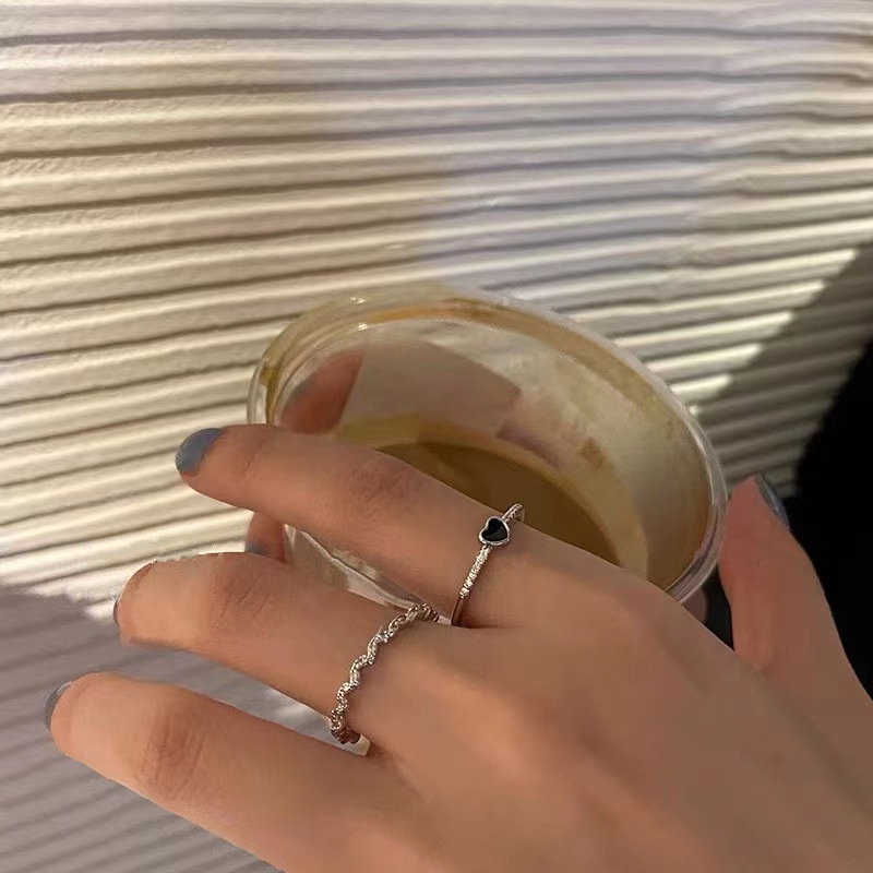 2 dalam 1 Cincin Hitam Enamel S925 Perak berbentuk Hati Perhiasan Fashion Wanita Set Baja Titanium Rings Ukuran Teleskopik