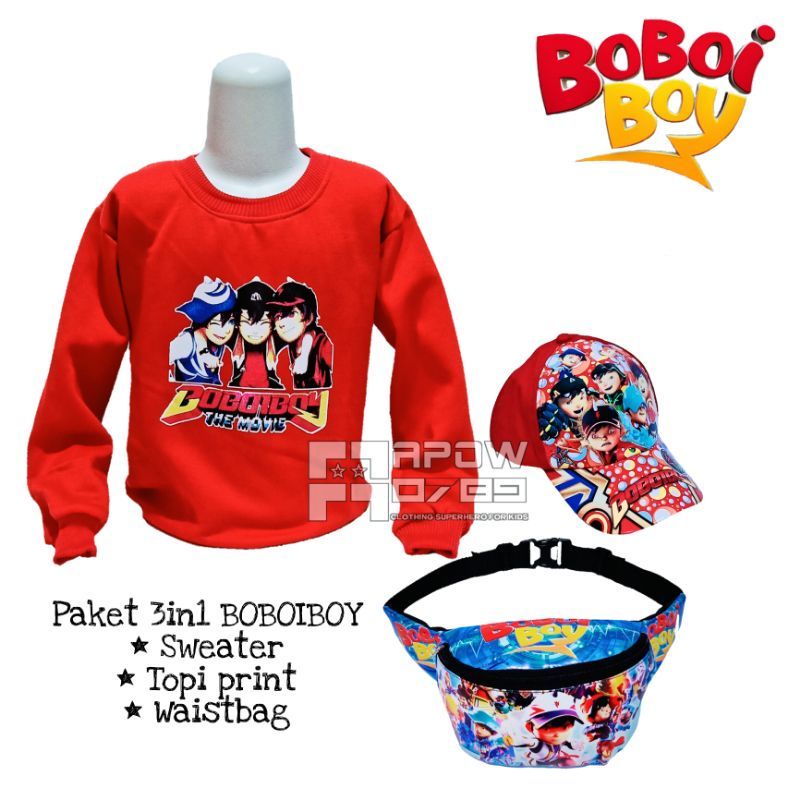 Paket 3in1 sweater Anak Boboiboy | free waistbag anak + topi Boboiboy