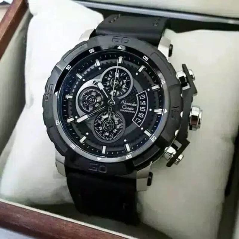 ALEXANDRE CHRISTIE AC 6439 PRIA black ring silver button LEATHER BLACK ORIGINAL JAM TANGAN