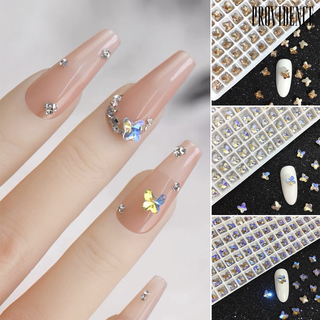 Providence 50Pcs / Set Hiasan Kuku Bentuk Kupu-Kupu Aksen Kristal Imitasi Untuk Aksesoris Nail Art / Manicure DIY