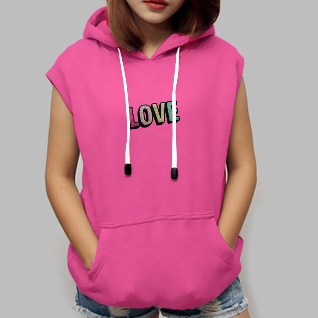 SLEEVELESS HOODIE ROMPI MOTIF BORDIR LOVE / VEST HOODIE WANITA TEBAL