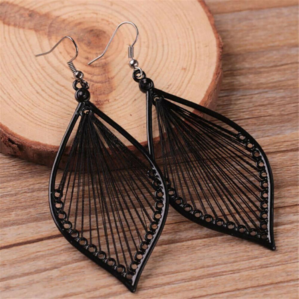 Lily 1pasang Anting Daun Mode Hitam Bohemia Ear Stud Eardrop Vintage Stud Earrings