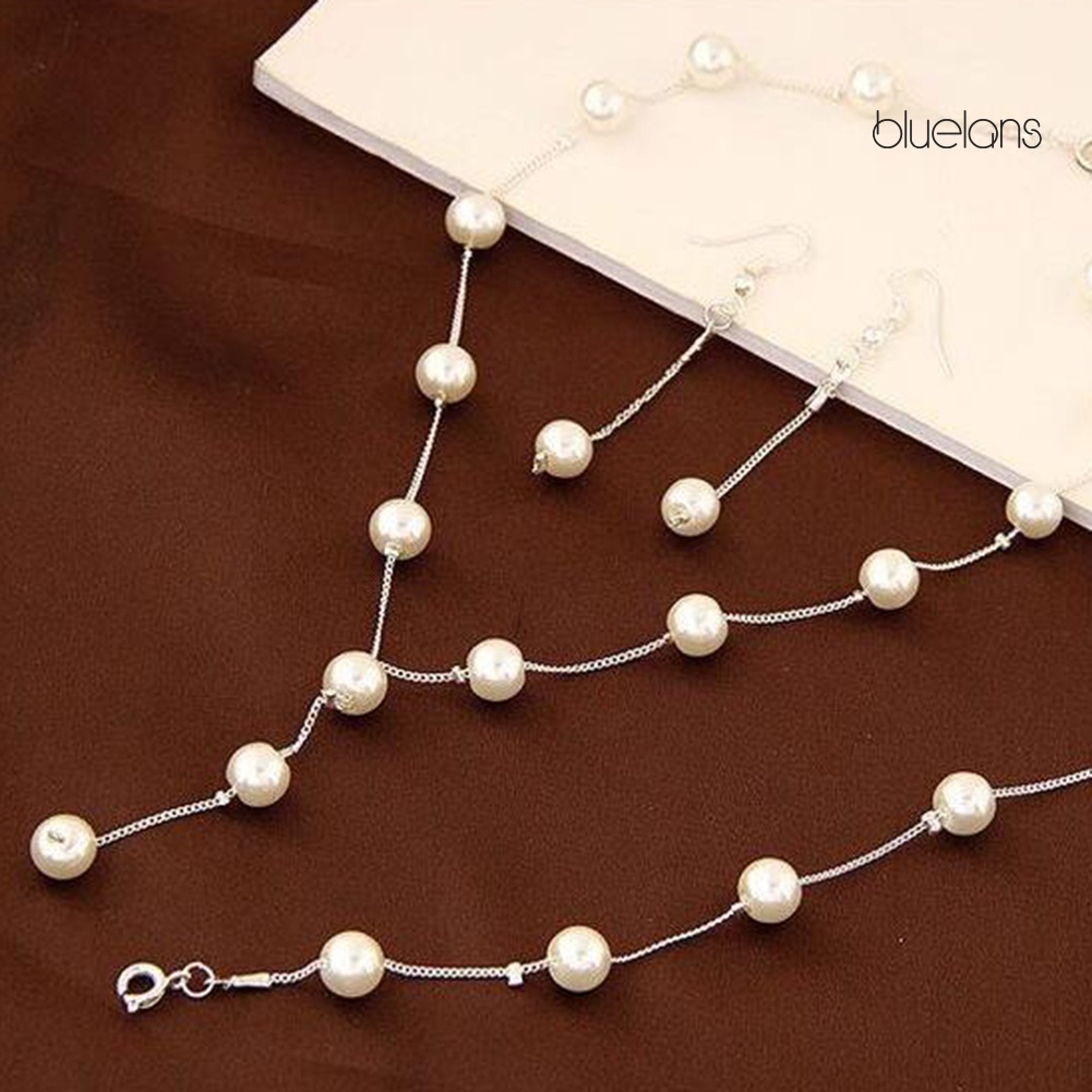 Bluelans 3Pcs Sweet Women Faux Pearl Long Chain Dangle Earrings Bracelet Necklace