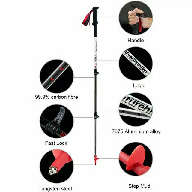 Trekking pole naturehike NH17D006-D ultralight carbon fiber tongkat gunung alpenstock outdoor