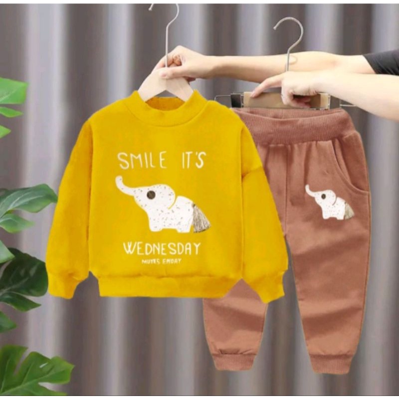 Promo-Setelan Sweater Jogger Motif Gajah Smile Navy Anak 1-6 Tahun/Setelan Bebyterry Anak Laki-laki Dan Perempuan Varian Pilih Warna Telaris