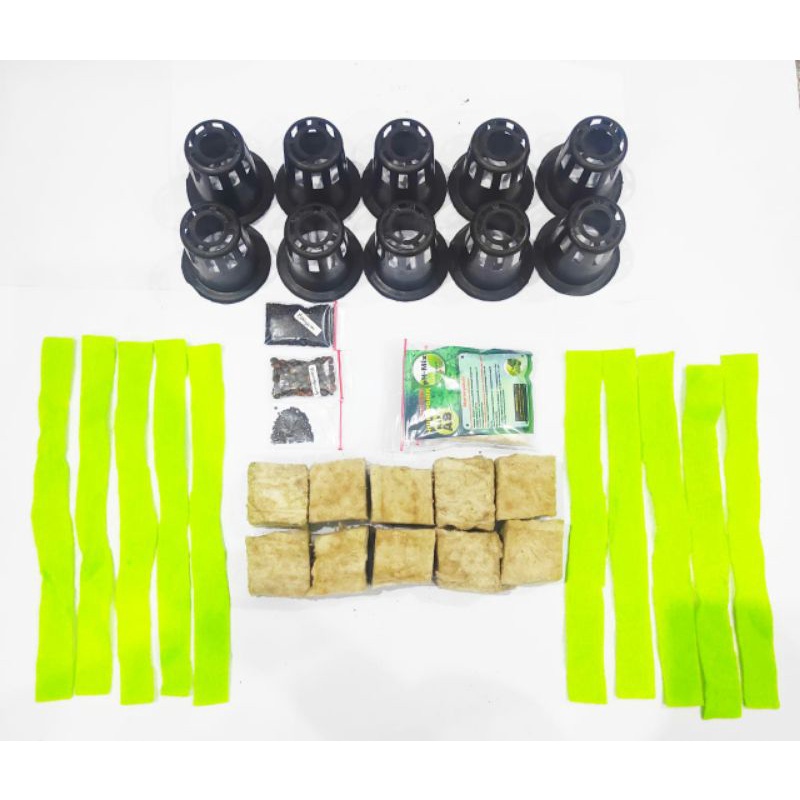 Paket pemula hidroponik 5 in 1, benih bibit, sumbu kain flanel, netpot, rockwool, nutrisi / starter kit hidroponik