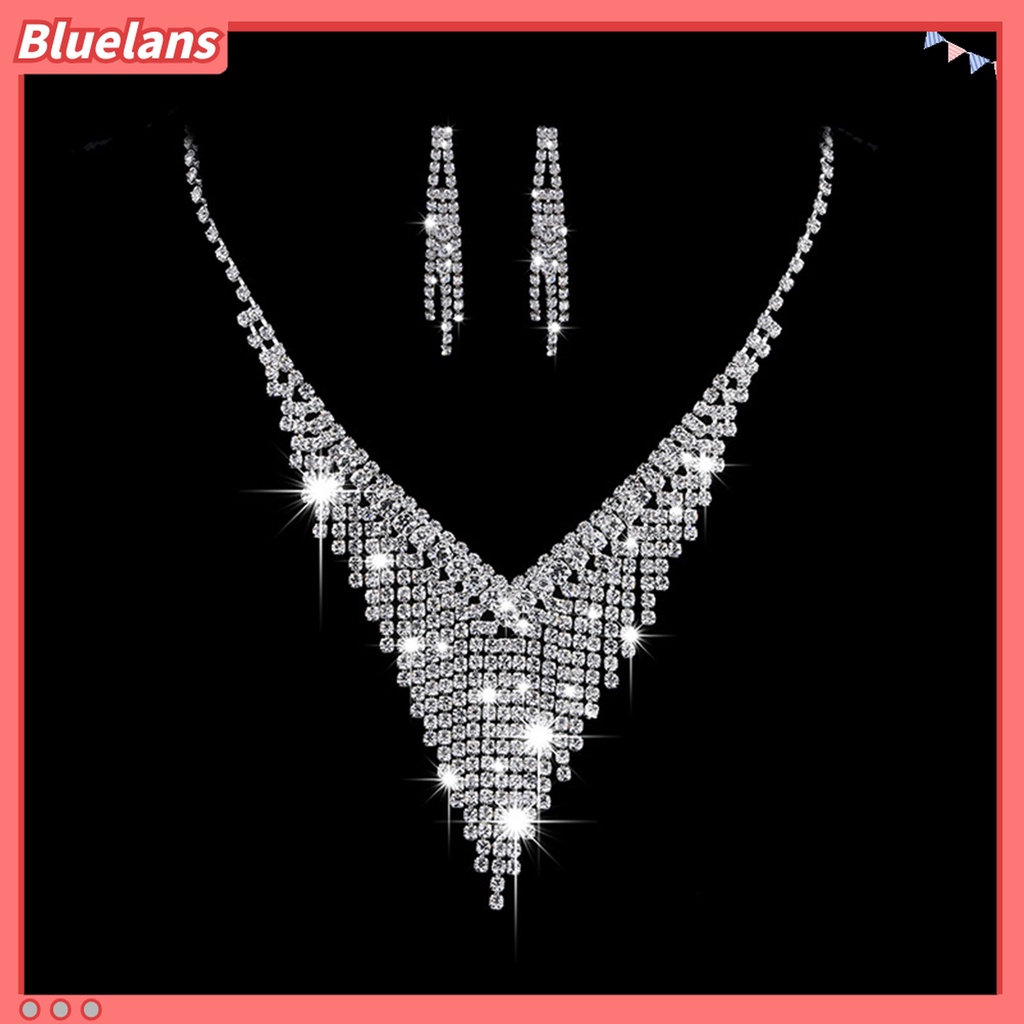 1 Set Kalung Choker Anting Rumbai Berlian Imitasi Model Hollow Out Shiny Untuk Pernikahan