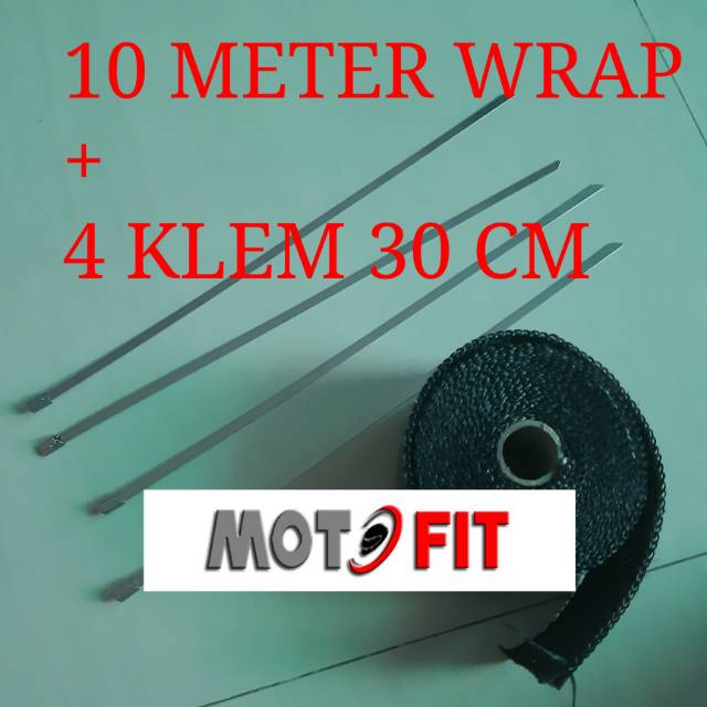 Paketan exhaust wrap 10 meter black fiber glass klem cable stainless ties knalpot motor mobil