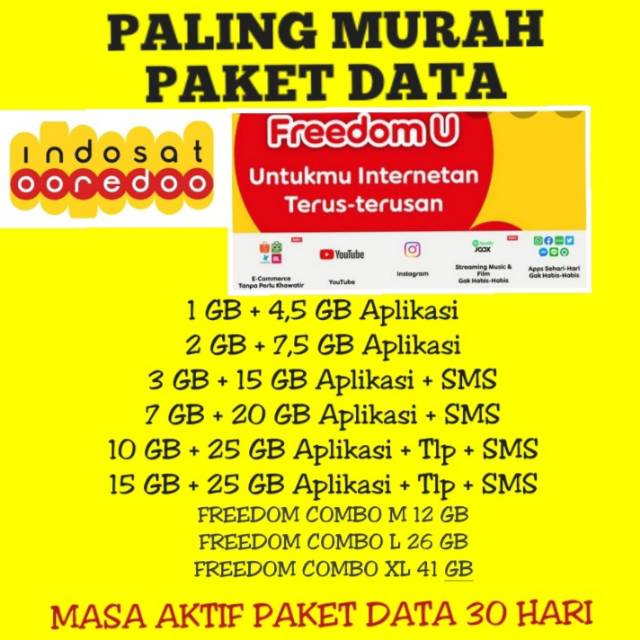 Termurah Paket Data Internet Indosat Freedom U 1gb 2gb 3gb 7gb 10gb 15gb Masa Aktif 30 Hari Shopee Indonesia