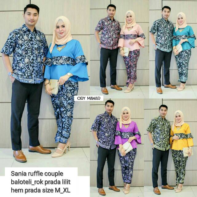 Sarimbit Batik Anggun Couple Sania Mawar ruffle - Warna Ungu, Tosca, pink, Biru, Kuning - M L XL