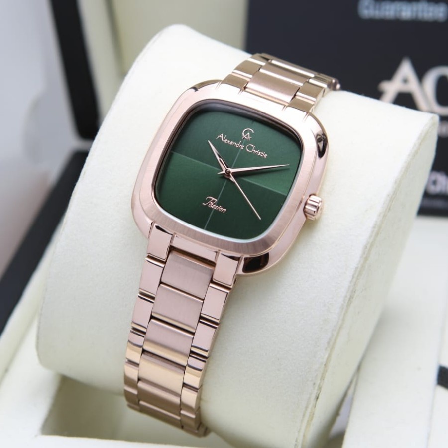 Jam Tangan Wanita Alexandre Christie AC 2982 Rosegold Hijau Original