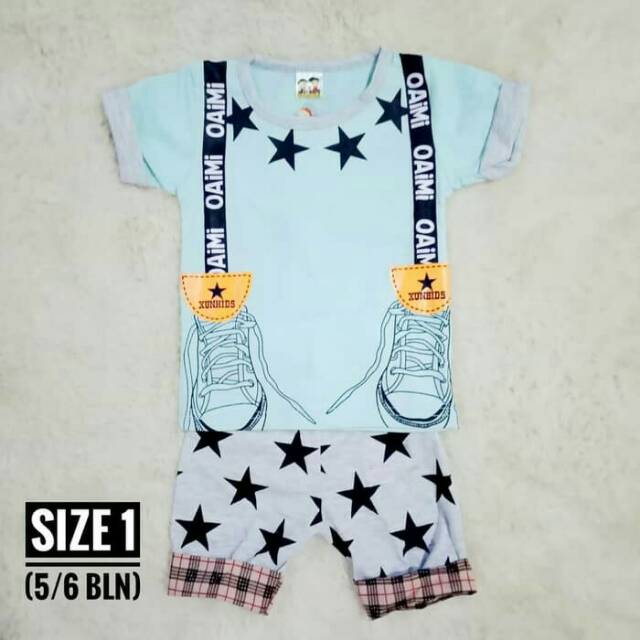 [XK03] Setelan Baju Anak Cowok Motif Sepatu Cln Pendek XunKids 5-12bln