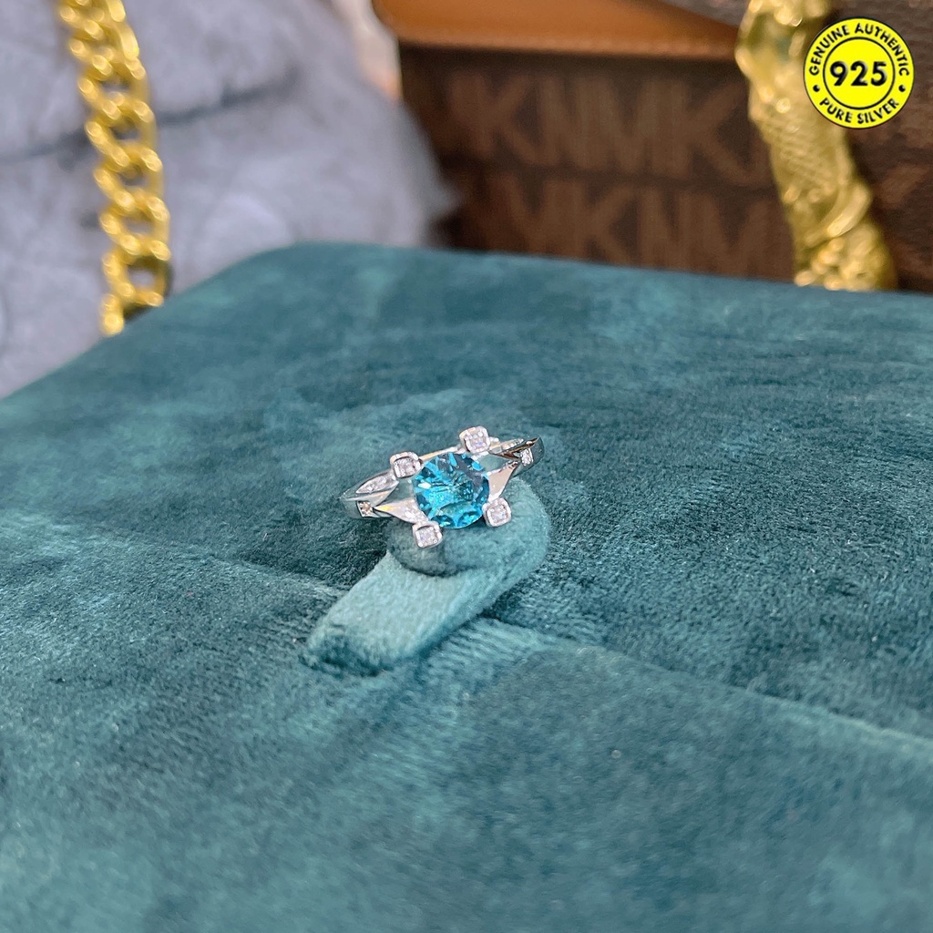 Cincin S925 Silver Model Terbuka Aksen Berlian Biru Laut