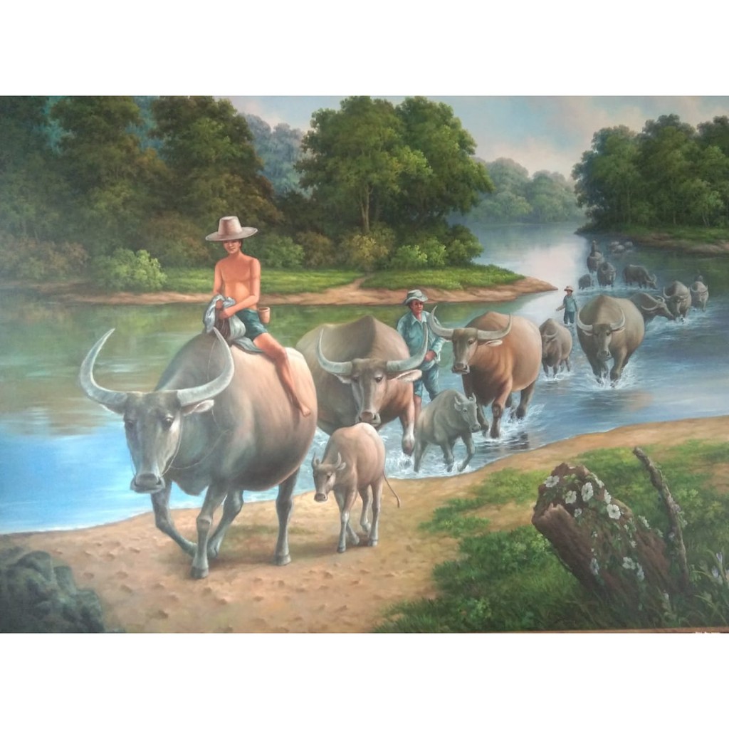 lukisan pengembala kerbau premium ukuran 200x150cm