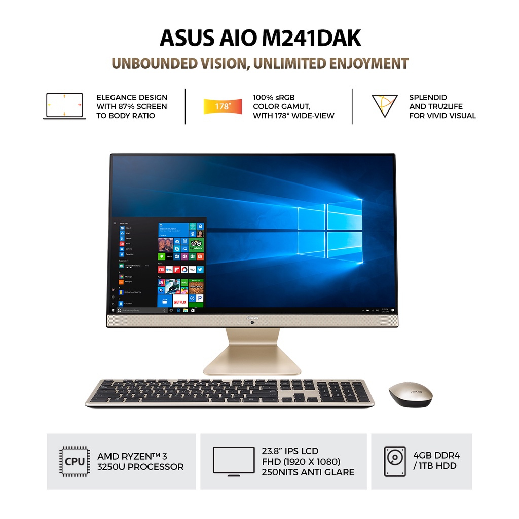 ASUS PC AIO M241DAK-BA341W RYZEN 3 3250U 4GB 1TB HDD 23" FHD WIN 11