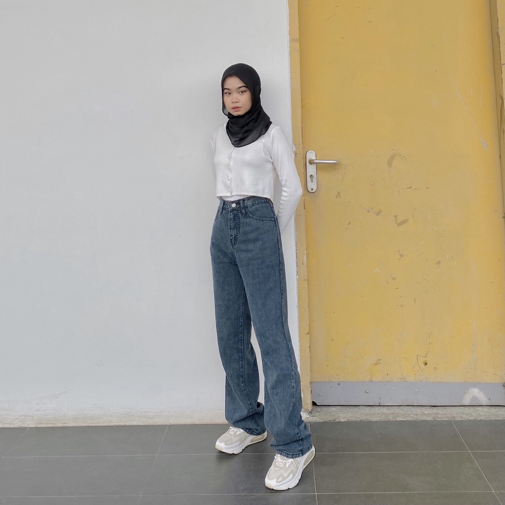 Nara Pants Snowblack - Celana Kulot Jeans Highwaist Wanita Loose Basic Jeans