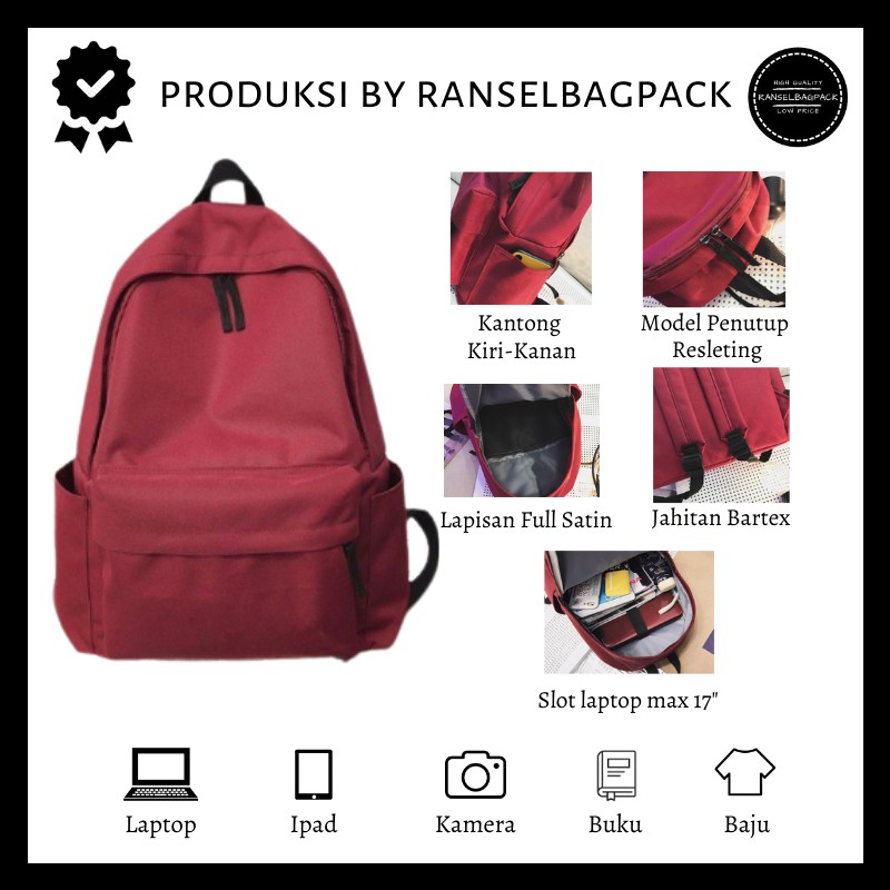 Tas Ransel Backpack Punggung Pria Wanita Sekolah Distro Polos Murah Terbaru Cewek Cowok Pria Wanita