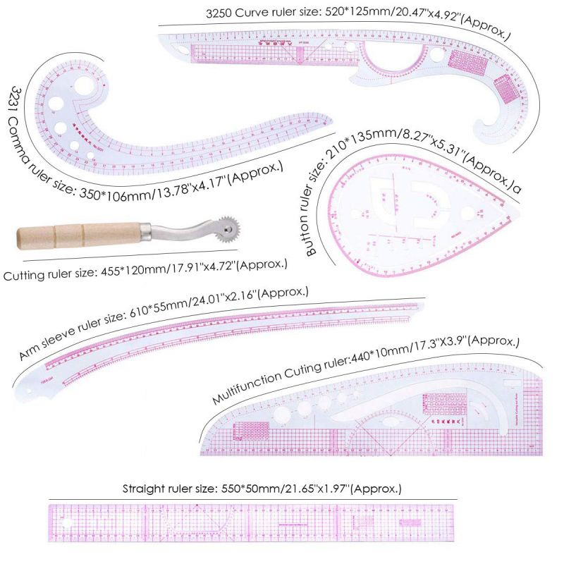 7pcs Penggaris Jahit Set/Pakaian Pola Quilting Patchwork Ruler/Penggaris Gambar Pola Menjahit/Multi