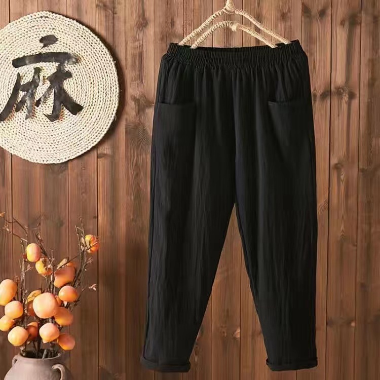 NEW!M-4XL Longgar Katun Linen Celana Wanita Ready Saku Besar Warna Solid Harem Women Casual Long Pants